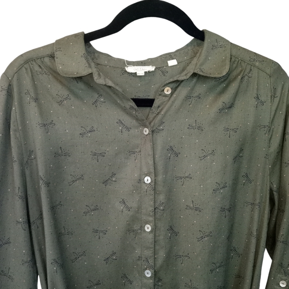 Fat Face Boho Button Down Shirt Dress Dragonfly Print Olive Green Size 8 - Picture 3 of 13